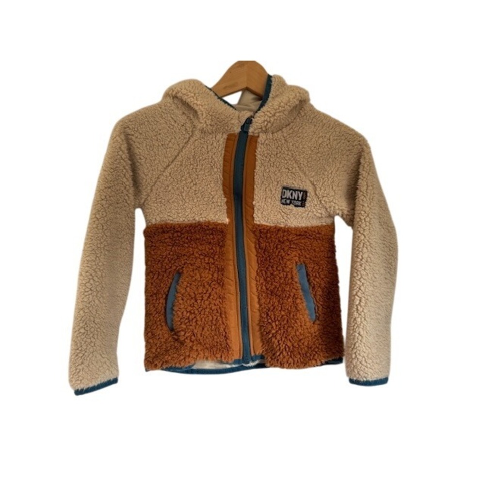 DKNY New York Kids‎ Sherpa Hoodie Jacket Full Zip Beige & Brown - size 5